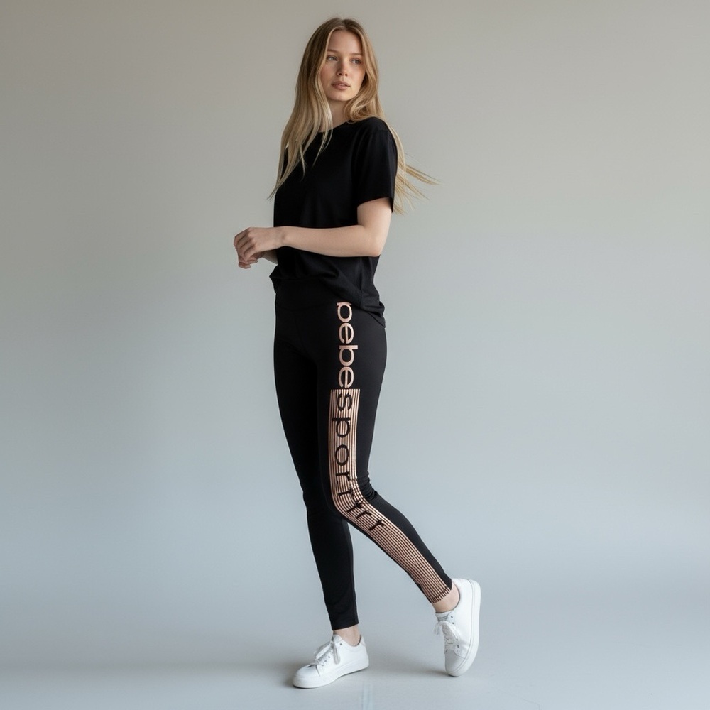 NWT “Bebe Sport” Black with Rose Gold Metallic Laser Cut Logo Legging Size: M - Picture 2 of 11